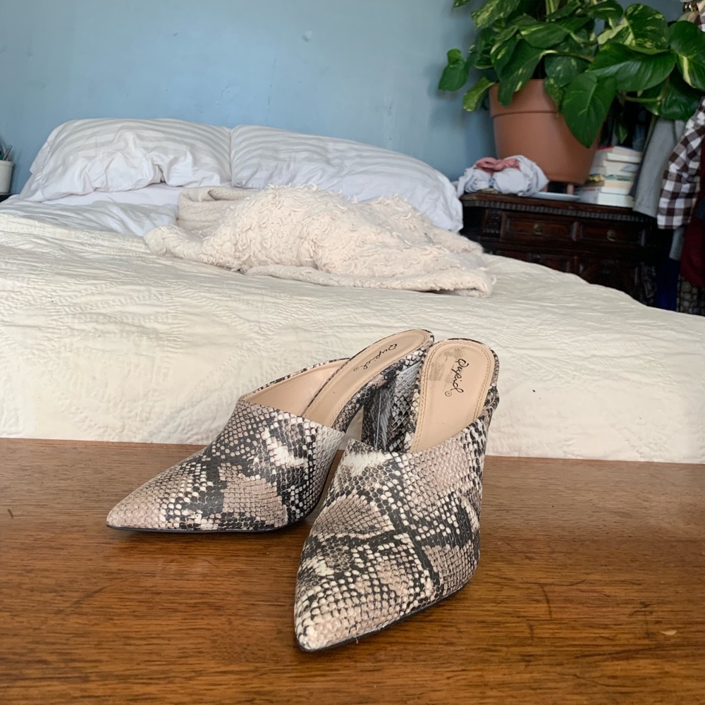Snakeskin Chunky High Heeled Mules